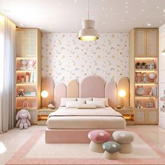 a bedroom decorated in pastel colors with pink and white accessories on the floor, along with shelves filled with toys