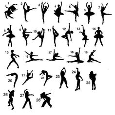 the silhouettes of ballet dancers are shown in various poses and positions, with numbers on each