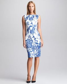 #EmilioPucci Printed Twill Sheath Dress...that cool blue has got me again. Love this dress, what about a higher shoe? White Floral Dress Outfit, Floral Dress Outfits, Blue Flower Dress, Pucci Print, White Floral Print Dress, Spring Outfits Dresses, Winter Dress Outfits, Blue And White Dress, Blue And White Floral