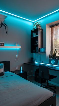 a bed room with a neatly made bed and blue lights on the wall above it