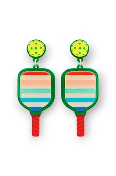 Get ready to show off your love for pickleball with the Green Shimmer Pickleball and Paddle Acrylic Earrings . These fun and trendy earrings feature a green multi-color and shimmer striped design that resembles a pickleball paddle and ball. With their lightweight construction, you can wear them comfortably all day long. The push back closure ensures a secure fit, so you can focus on your game without worrying about losing an earring. These earrings are the perfect accessory to add a touch of pic From The Sidelines, Pickleball Paddles, Trendy Earrings, Acrylic Earrings, Pickleball, Stripes Design, Multi Color, Green, Color