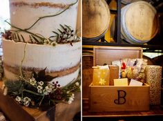 two pictures one with a wedding cake and the other with wine casks in it