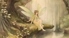 a fairy sitting on a log in the woods