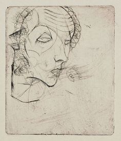 a black and white drawing of a woman's face with her eyes closed to the side