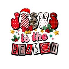 the words joy is the reason are in red and white letters with christmas decorations on them