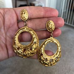 "oºOºooºOOºooºOOºo These are big, bold, and beautiful. Probably retro 80s. Not your cheap-quality earrings and feel heavy in the hand. 3\" tall and 1-3/4\" wide. Unsigned. Condition: These earrings are in almost like new condition. Plating is in excellent condition. Clips are secure and come with comfort pads. ❤️'¨) ¸.*'¸.**'¨) ¸. (¸.*'THANKS FOR LOOKING! http://www.vwayne.etsy.com"