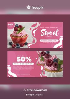 two pink banners with blueberries and raspberries on them, one has a cupcake