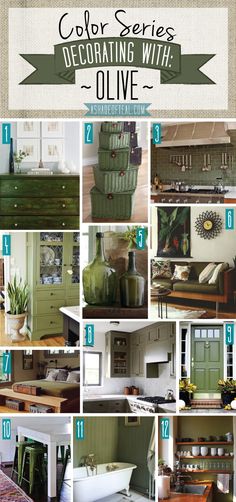 a collage of pictures with green furniture and decor