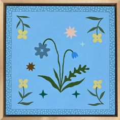 a painting of flowers and stars on a blue background