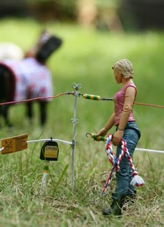 a toy horse pulling a woman on a leash