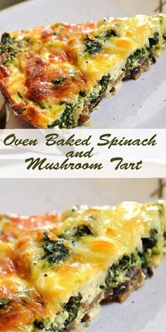 one baked spinach and mushroom tart is shown in two separate images, the other half eaten