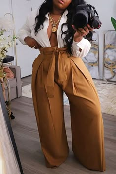 Sophia White Fashion Casual Solid Basic Regular High Waist Wide Leg Plus Size Trousers Wide Leg Plus Size, Plus Size Trousers, Plus Size Fall Fashion, White Fashion Casual, Look Plus Size, Basic Fit, Khaki Fashion, Looks Black, Wide Leg Pant