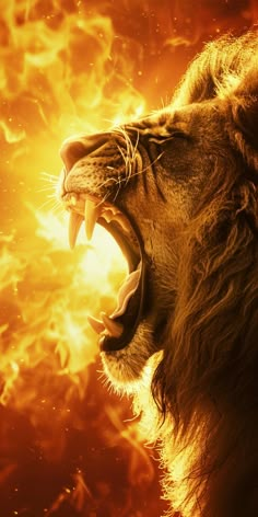 a close up of a lion roaring with its mouth open and fire in the background