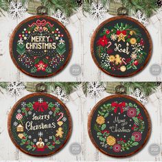 four cross - stitch christmas ornaments hanging on a wooden frame with pine cones and evergreen branches