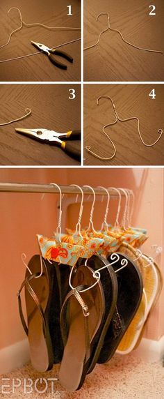 the instructions for how to hang flip flops on a rack with hooks and clips