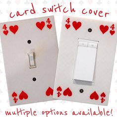 two white switches with red hearts on them and the words, card switch cover multiple options available