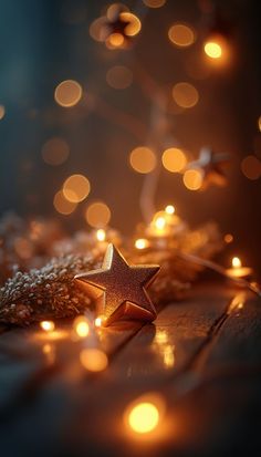 a golden star is sitting on a wooden table with lights in the backround