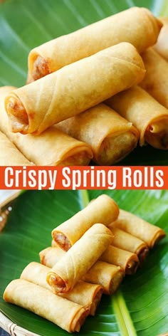 crispy spring rolls on a green plate with the words crispy spring rolls above them