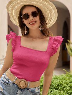 Ruffle T Shirt, Casual Cap, Neck Ruffle, Blouse Styles, Casual Fits, Colorful Fashion, Ruffle Trim, Cap Sleeve, Square Neck