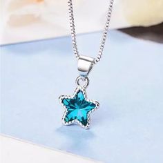 Gorgeous Blue Crystal Zircon Star Pendant. 925 Sterling Silver. Length: 45cm Purple Pendant Necklace, Blue Turquoise Necklace, Sapphire Pendant Necklace, Pentagram Pendant, Blue Sapphire Pendant, Sapphire Necklace Pendants, Woman Jewelry, Long Statement Necklace, Star Pendant Necklace