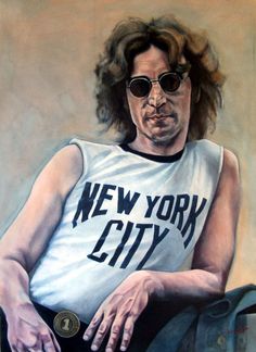 a painting of a man wearing sunglasses and a new york city shirt