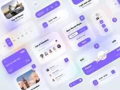 a bunch of purple and white app screens