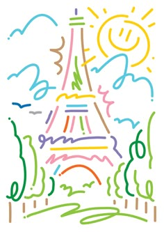 a drawing of the eiffel tower with colored lines on it's side