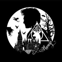 the silhouette of harry potter in front of a full moon with hogwart's castle