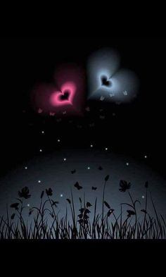 two hearts in the dark with grass and flowers