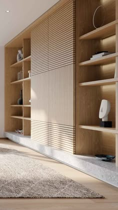 a living room filled with lots of wooden shelves