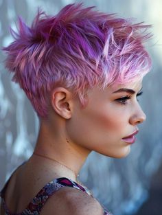 Explore Top Short Hair Color Trends and Ideas Short Purple Pixie Haircut, Lilac Pixie Cut, Magenta Pixie Hair, Vibrant Hair Color Ideas Fun, Multicolor Short Hair, Vivid Pixie Hair, Short Hair Styles Dyed, Hair Color Ideas For Pixie Haircut, Dyed Bangs Short Hair