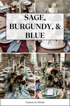 a collage of images with the words sage, burgundy and blue