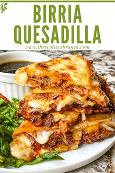 the recipe for burrito quesadilla is shown on a plate with lettuce and sauce