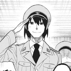 an anime character in uniform saluting with his hand on his head and looking at the camera