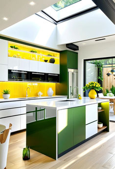 a kitchen with green and white cabinets and yellow accents on the walls, along with wooden flooring