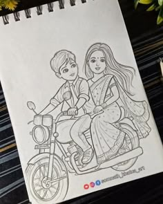 a drawing of a boy and girl riding on a motorcycle with flowers in the background