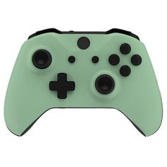 a green controller with black dots on the front and side buttons, for a game console