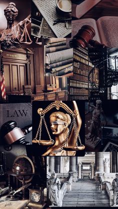 a collage of photos with law books and statue of justice on them, including an old judge's chair