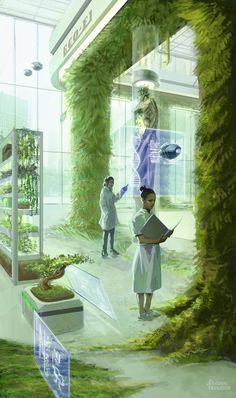 an artist's rendering of people looking at plants in a glass walled room with moss growing on the walls