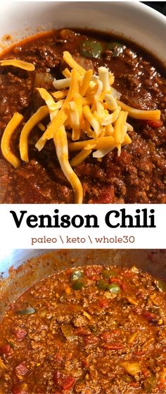 two pictures with different types of chili in them and the same one has cheese on top