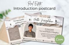 two postcards with the words real estate and an image of a woman in grey shirt