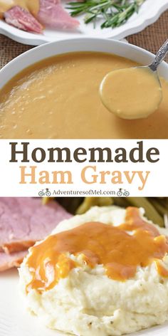 homemade ham gravy with mashed potatoes on the side