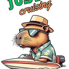 an animal wearing sunglasses and a hat on top of a surfboard with the words jose cruising