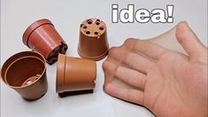 there is a hand that is holding several clay pots and one has the word idea on it