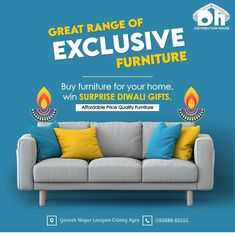 a couch with pillows on it and the text great range of expensive furniture buy furniture for your home, win surprise diwal gifts