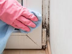 a person wearing pink gloves and holding a rag near a door with mold on it