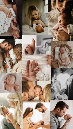 a collage of many different pictures with people holding their babies and kissing each other