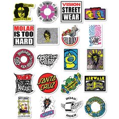 various stickers are shown on a white background