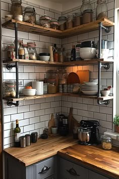 a kitchen with open shelving and wooden counter tops