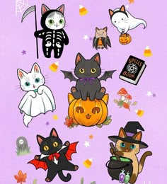 a bunch of cats that are on a purple background with pumpkins and bats around them